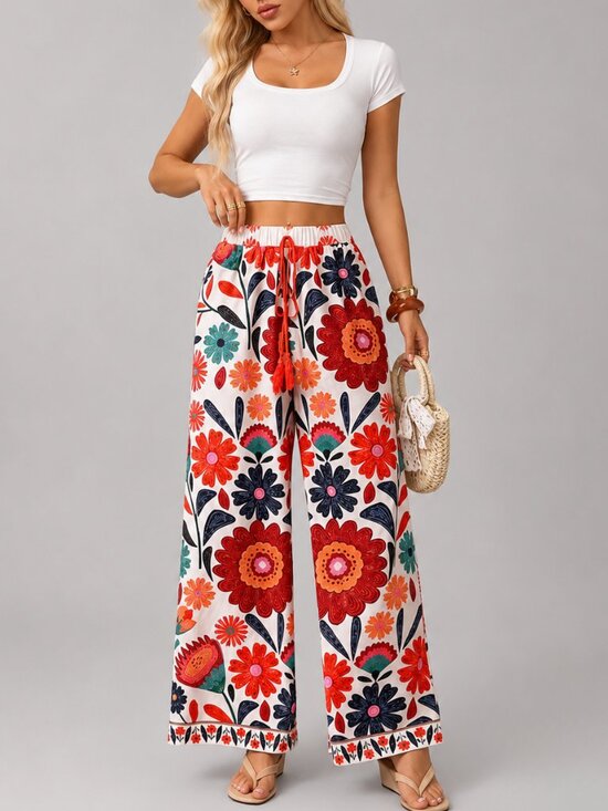 Pants - Women’s Petite Boho Floral Wide Leg Pants High Waist Vacation Palazzo Pants